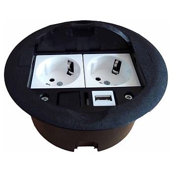Masa �st� Priz Kutusu G�mme Tip Siyah + 2 Ad. Priz + 1 Ad. USB Ge�i�