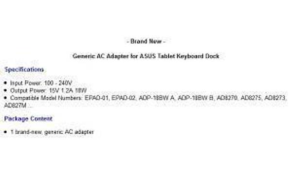Asus Tablet Adaptr 15 volt 1.25 amper Usb kl