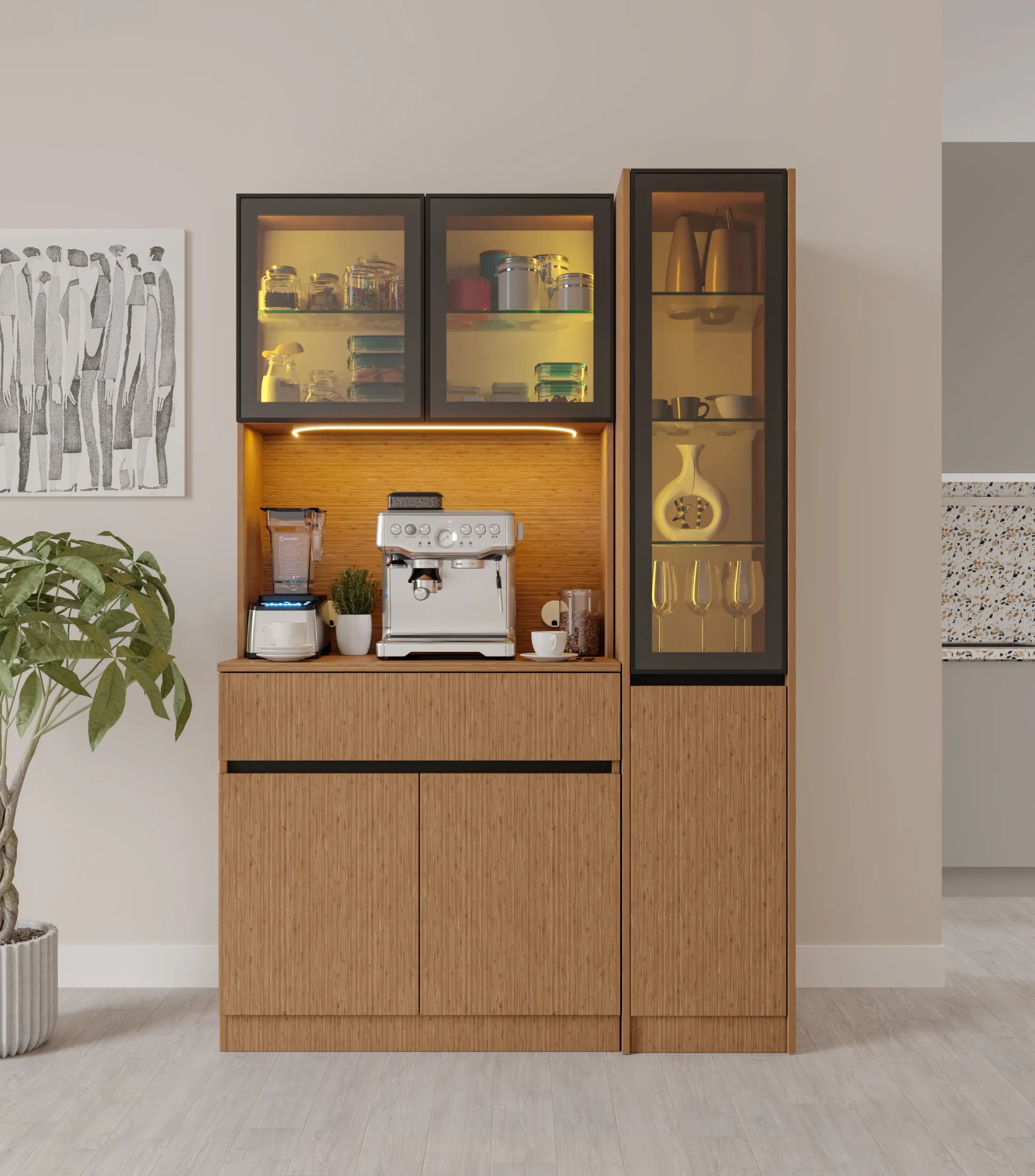 Bambu Midi Sağ Vitrinli Komple MDF LED Aydınlatmalı Kahve Köşesi