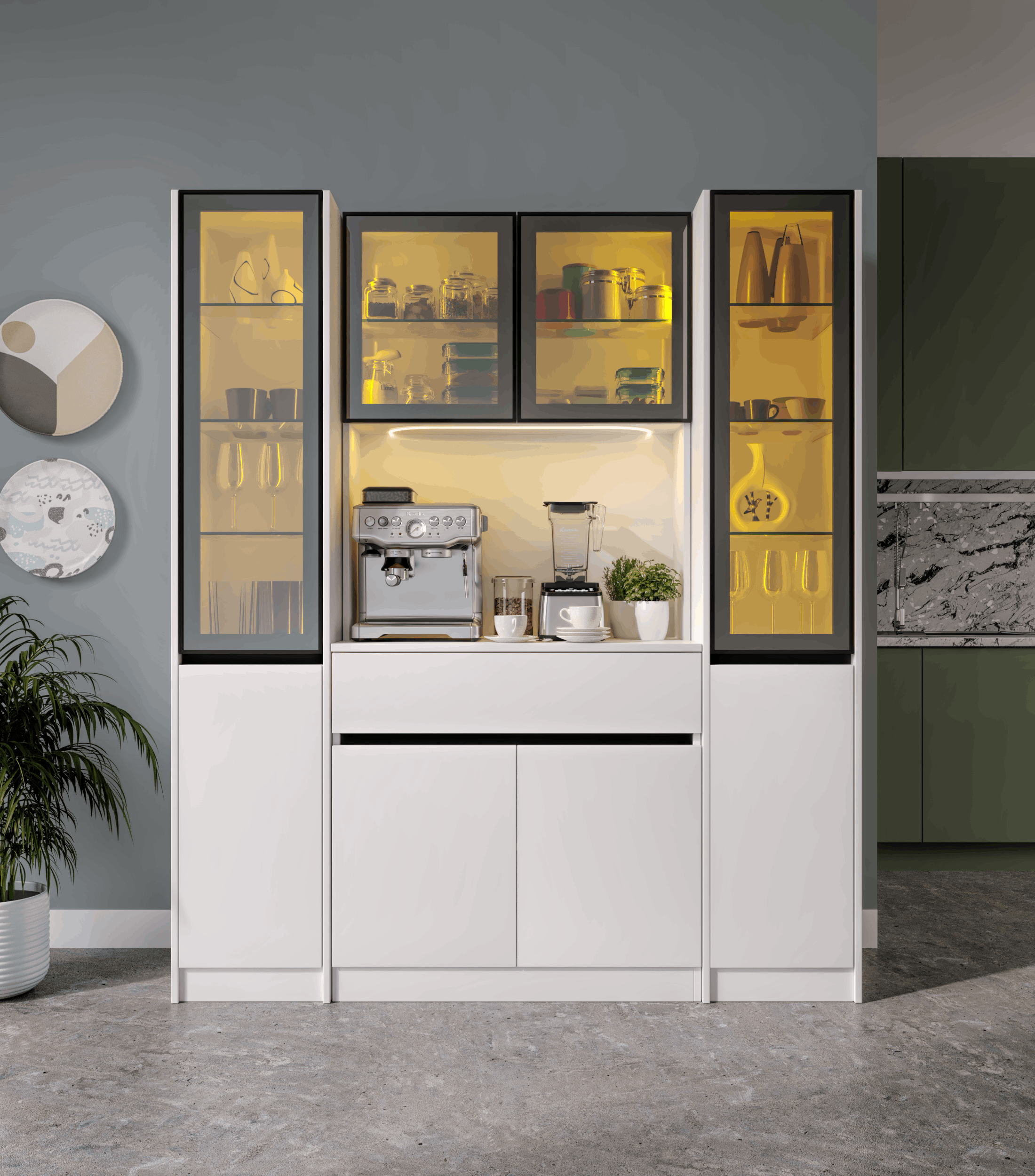Lotus Maxi Kahve Köşesi Komple MDF LED Aydınlatmalı Mutfak Kahve Dolabı