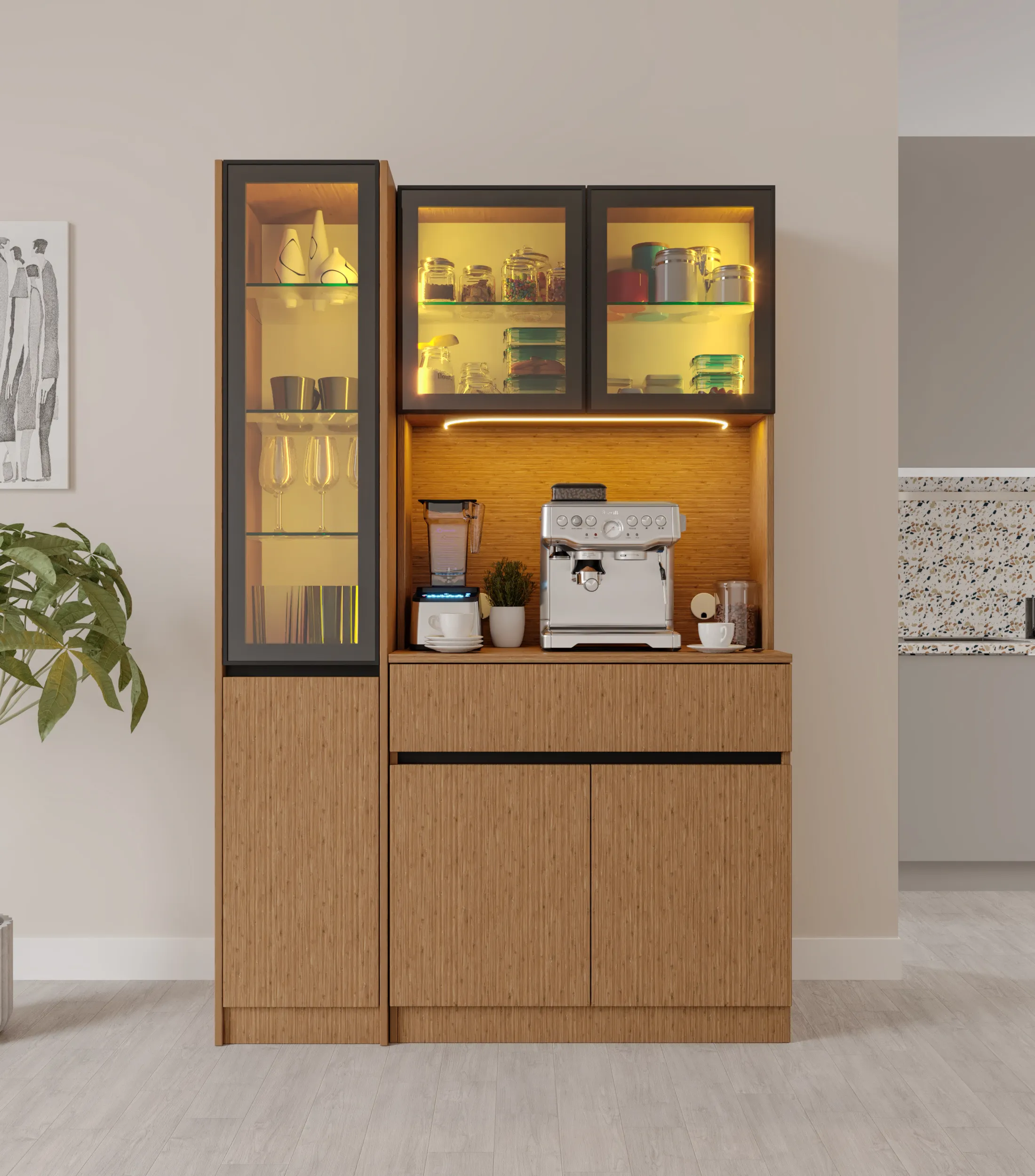 Bambu Midi Sol Vitrinli Komple MDF LED Aydınlatmalı Kahve Köşesi