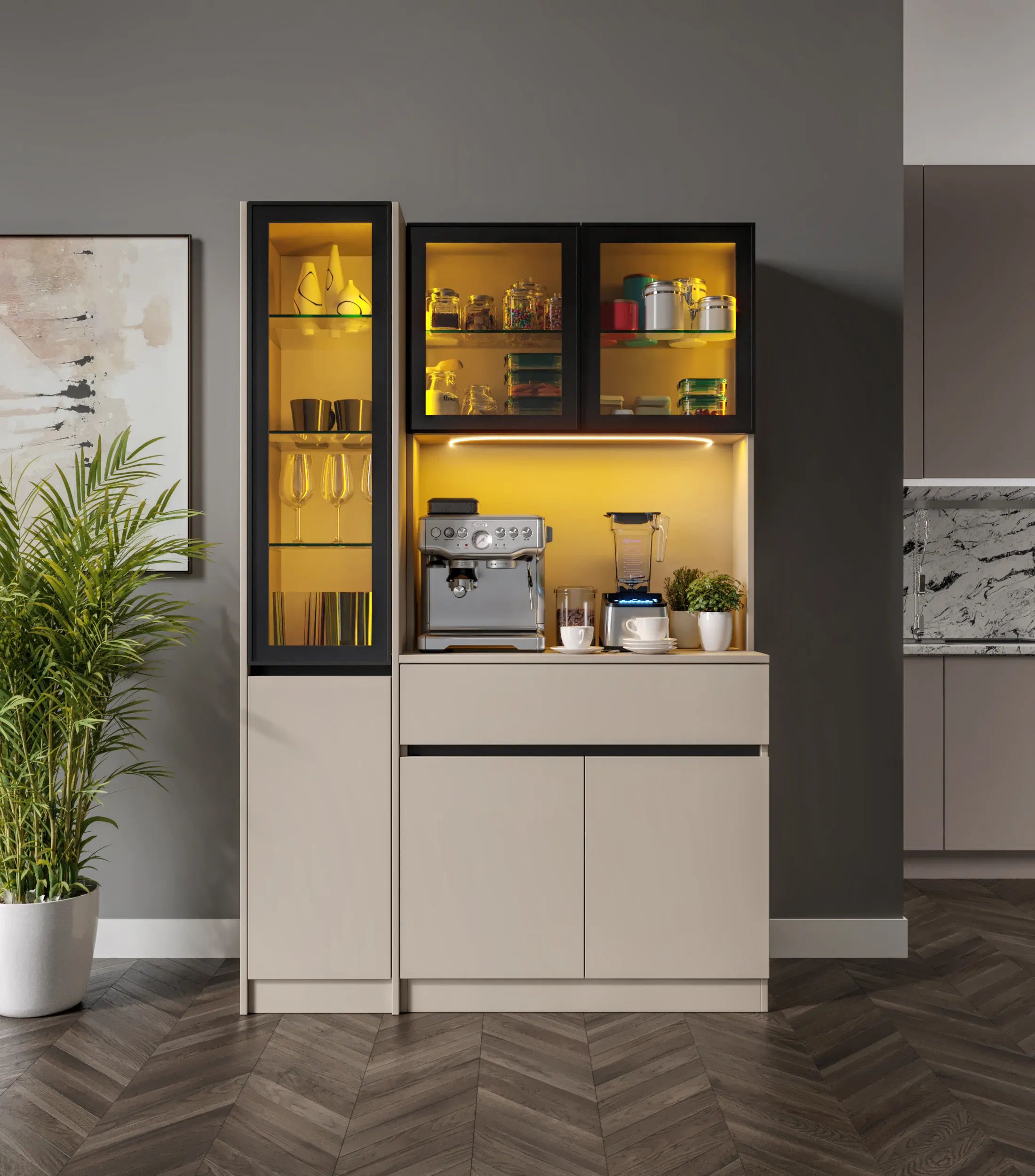 Viona Kum Beji Midi Sol Vitrinli Komple MDF LED Aydınlatmalı Kahve Köşesi
