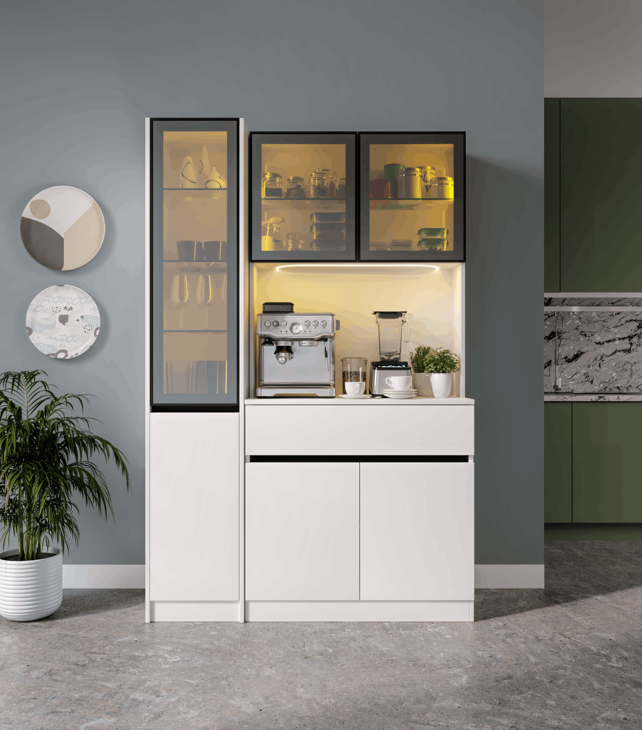 Lotus Midi Sol Vitrinli Kahve Köşesi Komple MDF LED Mutfak Dolabı