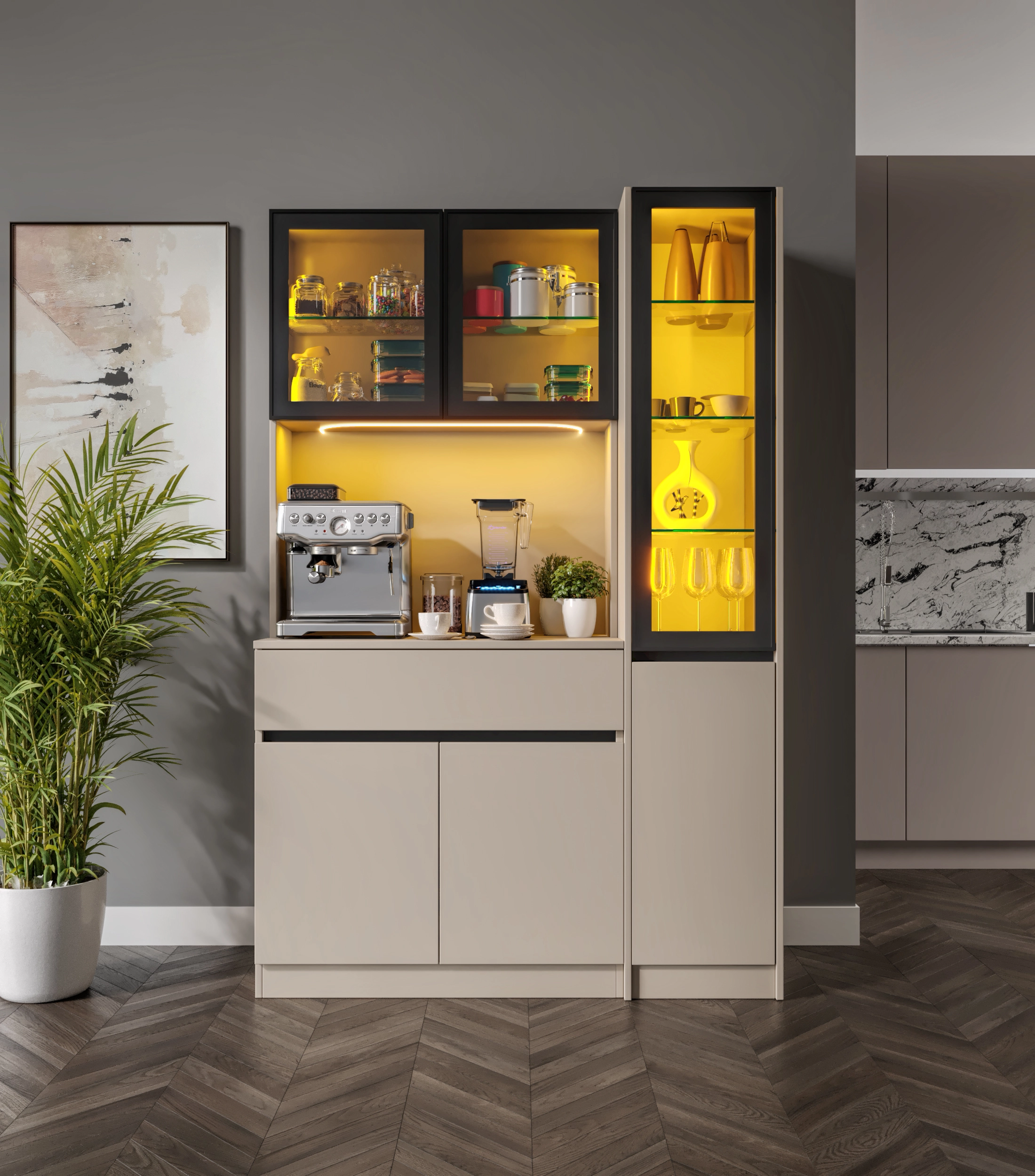 Viona Kum Beji Midi Sağ Vitrinli Komple MDF LED Aydınlatmalı Kahve Köşesi
