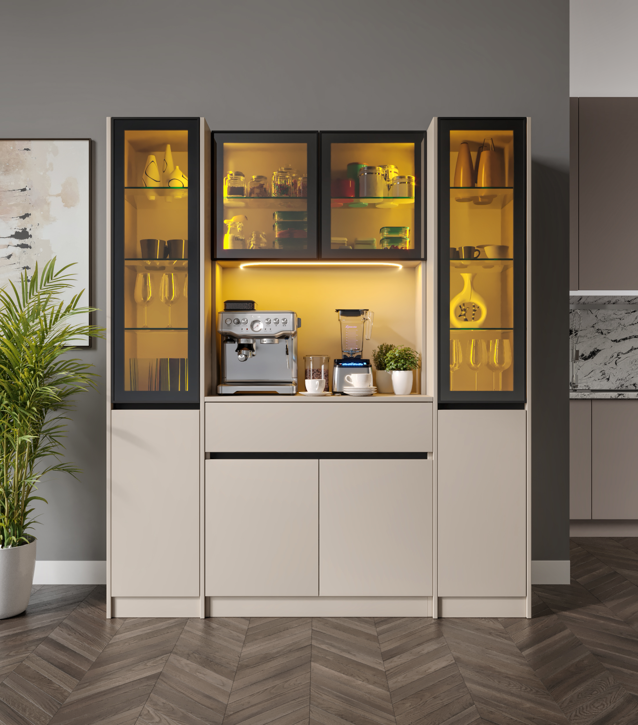 Viona Maxi Kum Beji Komple MDF LED Aydınlatmalı Kahve Köşesi