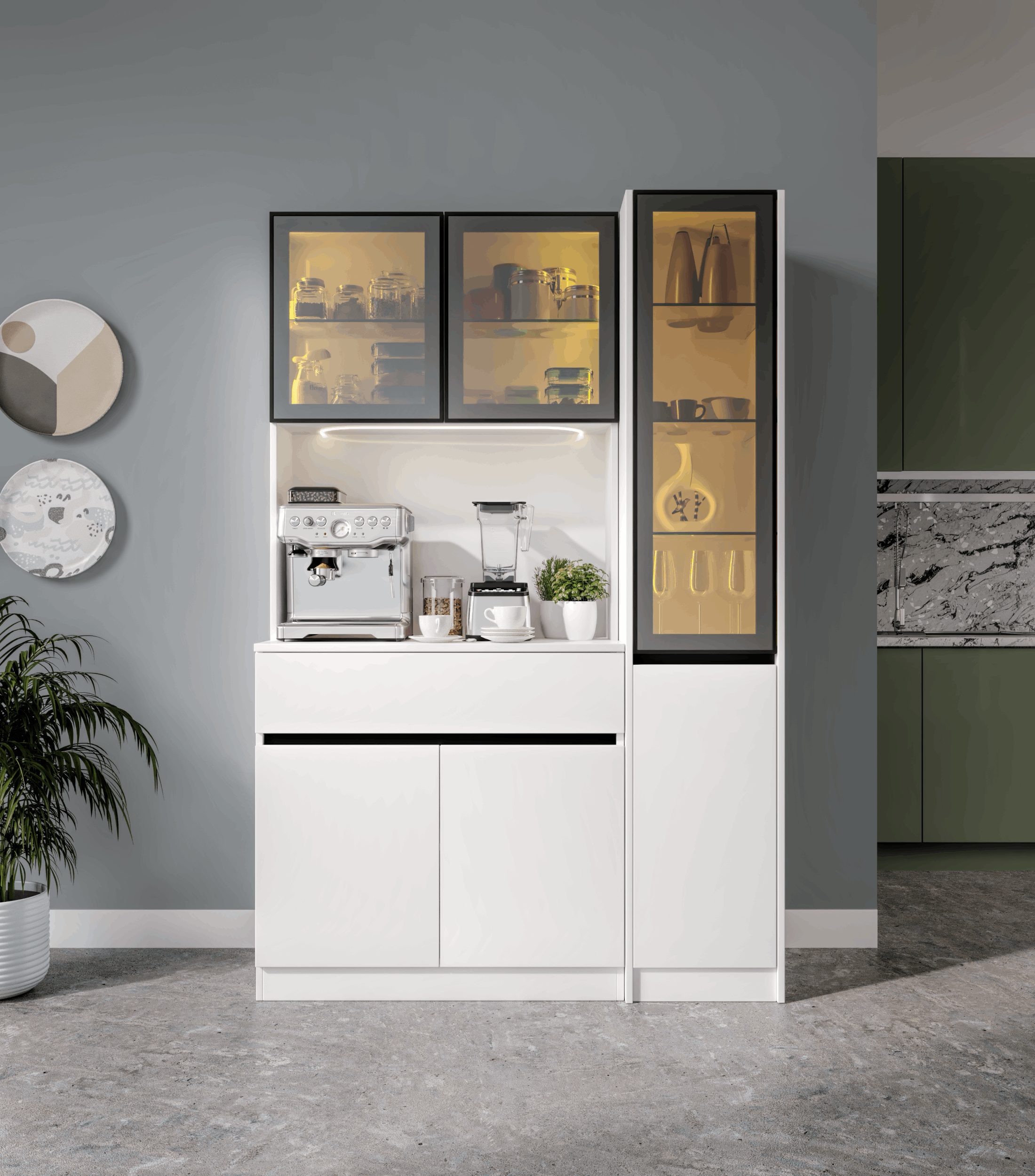 Lotus Midi Sağ Vitrinli Kahve Köşesi Komple MDF LED Mutfak Dolabı