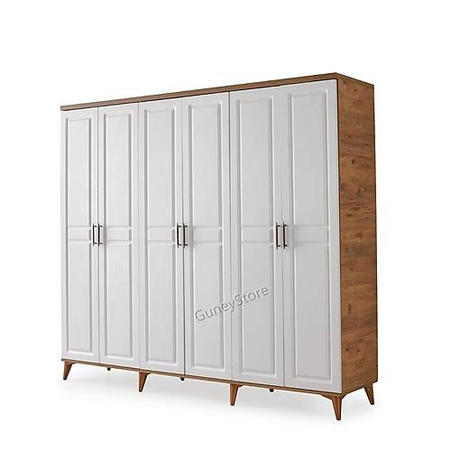 Ücretsiz Montaj Sport 6 Kapaklı  Komple MDF Atlantik Çam-Beyaz Gardırop