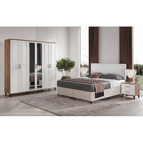 Ücretsiz Montaj Sport 6 Kapılı Komple MDF Atlantik Çam-Beyaz Yatak Odası Takımı