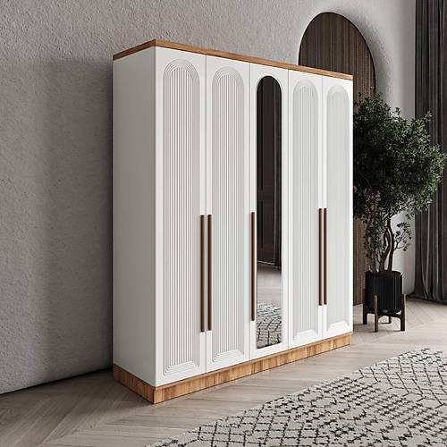 Ücretsiz Montaj Rosa 5 Kapaklı Aynalı Komple MDF Gardırop
