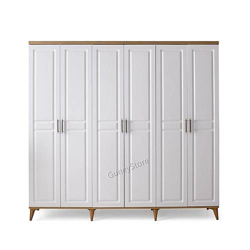 Ücretsiz Montaj Sport 6 Kapaklı  Komple MDF Atlantik Çam-Beyaz Gardırop