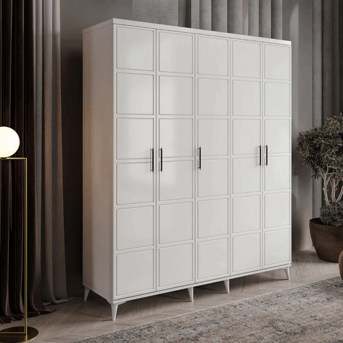 Ücretsiz Montaj Milano 5  Kapaklı Komple MDF Beyaz Gardırop