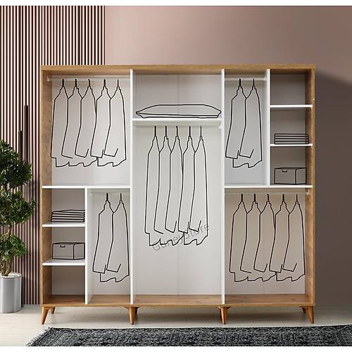 Ücretsiz Montaj Sport 6 Kapaklı  Komple MDF Atlantik Çam-Beyaz Gardırop