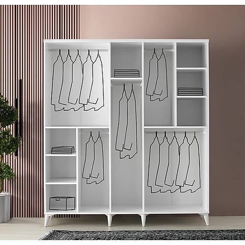 Ücretsiz Montaj Paris 5 Kapaklı Komple MDF Beyaz Gardırop