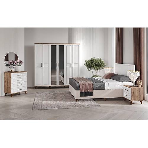 Ücretsiz Montaj Sport 6 Kapılı Komple MDF Atlantik Çam-Beyaz Yatak Odası Takımı