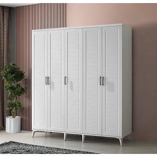 Ücretsiz Montaj Paris 5 Kapaklı Komple MDF Beyaz Gardırop