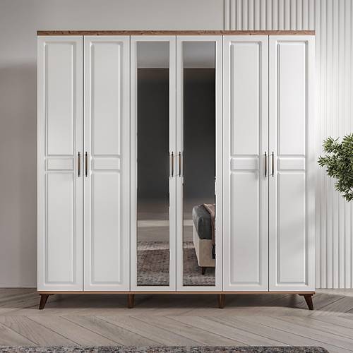 Ücretsiz Montaj Sport 6 Kapılı Komple MDF Atlantik Çam-Beyaz Yatak Odası Takımı