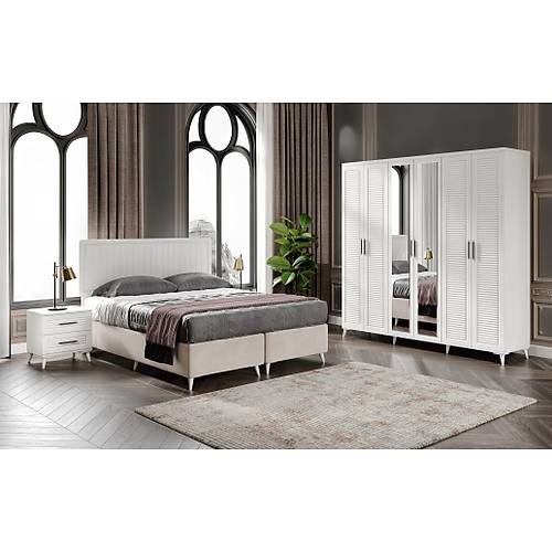 Paris 6 Kapaklı Komple MDF Beyaz Yatak Odası Takımı