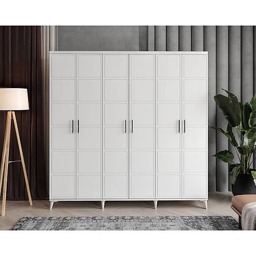 Ücretsiz Montaj Milano 6 Kapaklı Komple MDF Beyaz Gardırop