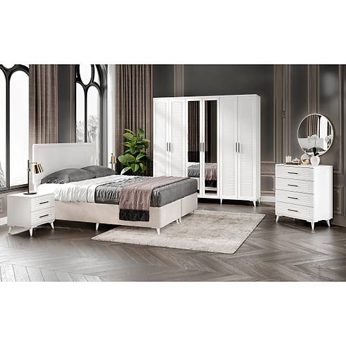 Paris 6 Kapaklı Komple MDF Beyaz Yatak Odası Takımı