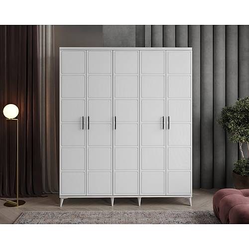 Ücretsiz Montaj Milano 5  Kapaklı Komple MDF Beyaz Gardırop