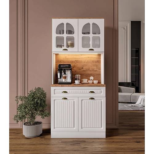 Efes 2 Kapakl Kahve Kesi  93 cm MDF, LED Aydnlatmal, ok Amal Mutfak ve Airfryer Dolab