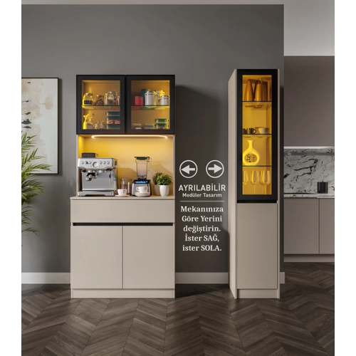 Viona Kum Beji Midi Sa� Vitrinli Komple MDF LED Ayd�nlatmal� Kahve K��esi