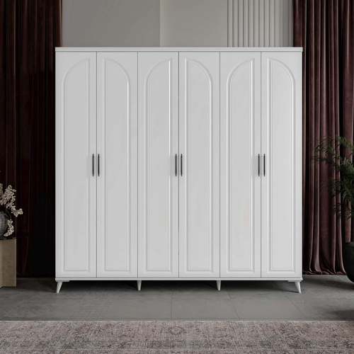 �cretsiz Montaj Kemer 6 Kapakl� Komple MDF Beyaz Gard�rop