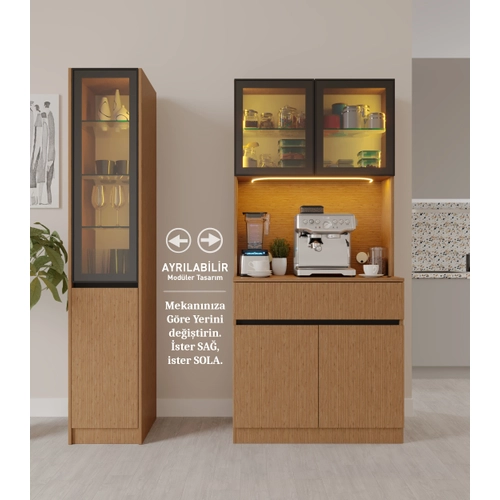 Bambu Midi Sol Vitrinli Komple MDF LED Ayd�nlatmal� Kahve K��esi