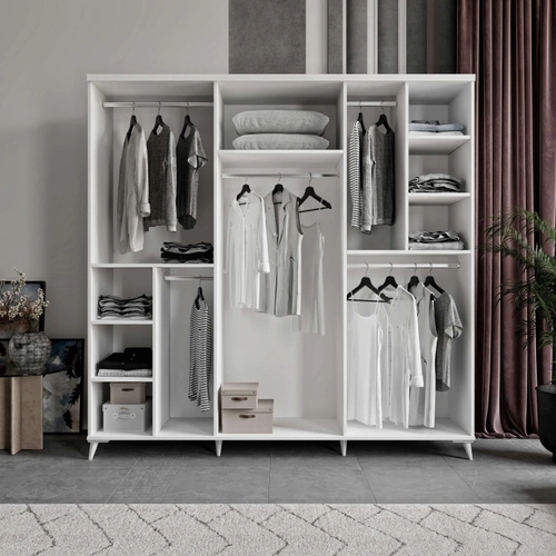 �cretsiz Montaj Rodos 6 Kapakl� Komple MDF Beyaz Gard�rop
