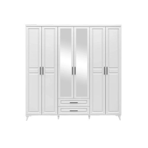 �cretsiz Montaj G�zde 6 Kapakl� Aynal� �ekmeceli Komple MDF Beyaz Gard�rop