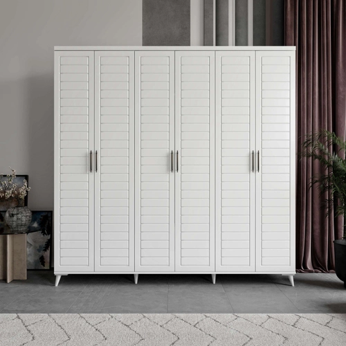 �cretsiz Montaj Rodos 6 Kapakl� Komple MDF Beyaz Gard�rop