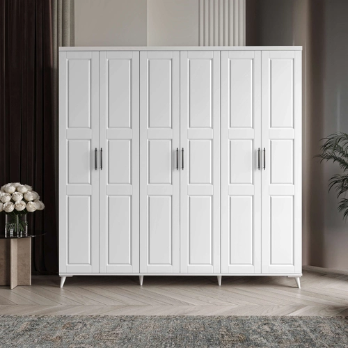 �cretsiz Montaj Pana 6 Kapakl� Komple MDF Beyaz Gard�rop