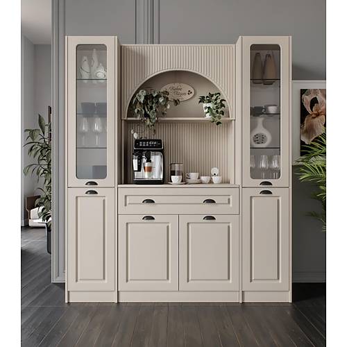 Siena Maxi 170 cm Komple MDF Cam Vitrinli Kahve K��esi - Kum Beji | Montaj Dahil