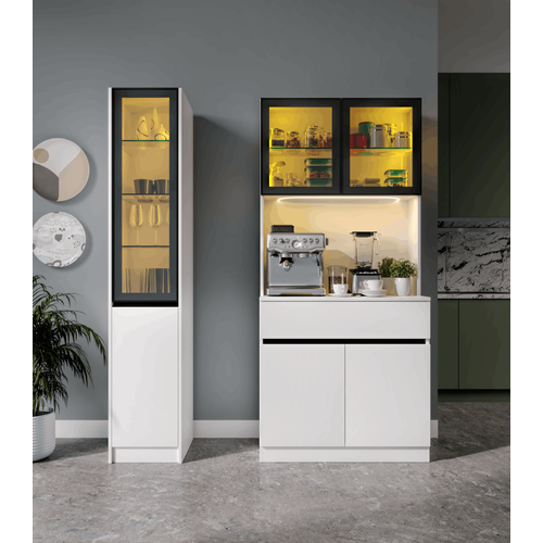 Lotus Midi Sa� Vitrinli Kahve K��esi Komple MDF LED Mutfak Dolab�