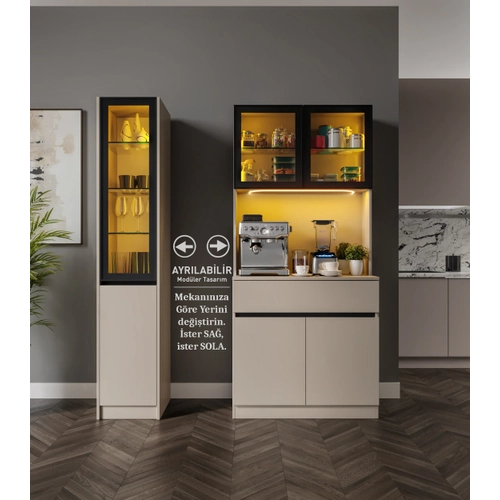 Viona Kum Beji Midi Sol Vitrinli Komple MDF LED Ayd�nlatmal� Kahve K��esi