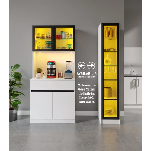 Moon Midi Sa� Vitrinli Kahve K��esi Komple MDF LED Mutfak Dolab�