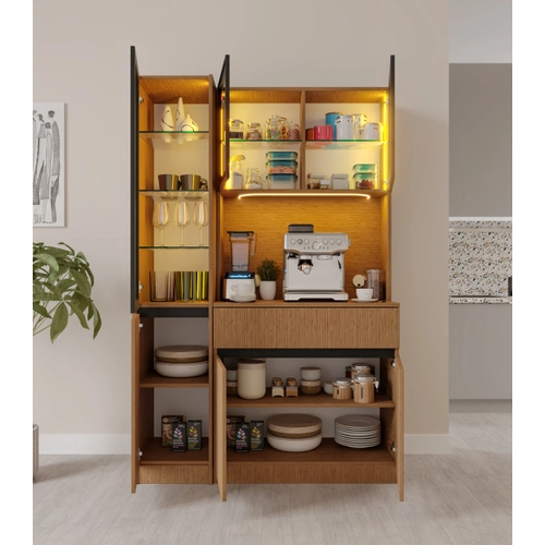 Bambu Midi Sol Vitrinli Komple MDF LED Ayd�nlatmal� Kahve K��esi