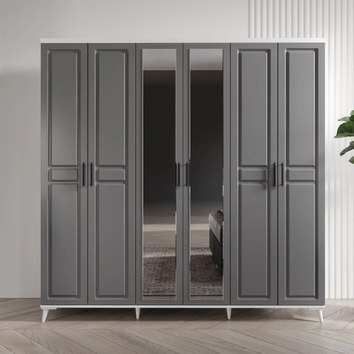 �cretsiz Montaj Sport 6 Kapakl� Aynal� Komple MDF Antrasit-Beyaz Gard�rop