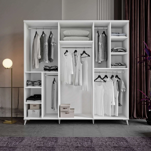 �cretsiz Montaj Zarif 6 Kapakl�  Komple MDF Beyaz Gard�rop