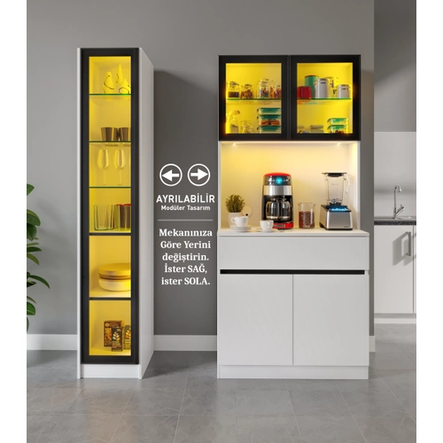 Moon Midi Sol Vitrinli Kahve K��esi Komple MDF LED Mutfak Dolab�