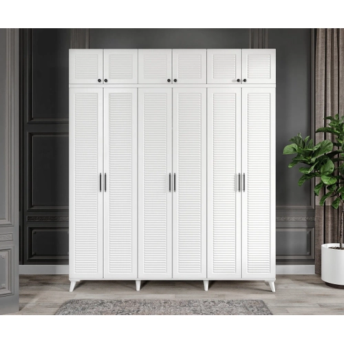 �cretsiz Montaj Paris 6 Kapakl� Y�kl�kl� Komple MDF Beyaz Gard�rop