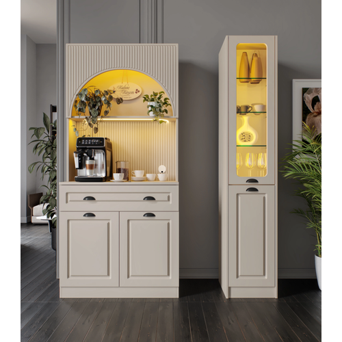 Siena Kum Beji Midi Sa� Vitrinli 130 cm Komple MDF LED Ayd�nlatmal� Kahve K��esi Montaj Dahil