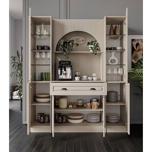 Siena Maxi 170 cm Komple MDF Cam Vitrinli Kahve K��esi - Kum Beji | Montaj Dahil