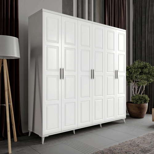 cretsiz Montaj Safir 6 Kapakl Komple MDF Beyaz Gardrop