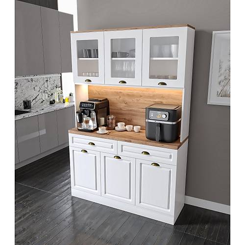 Gzde Kahve Kesi - 140 cm MDF Mutfak Dolab - LED Aydnlatmal - cretsiz Montaj