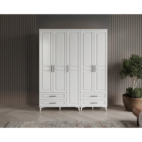 �cretsiz Montaj G�zde 5 Kapakl� 4 �ekmeceli Komple MDF Beyaz Gard�rop