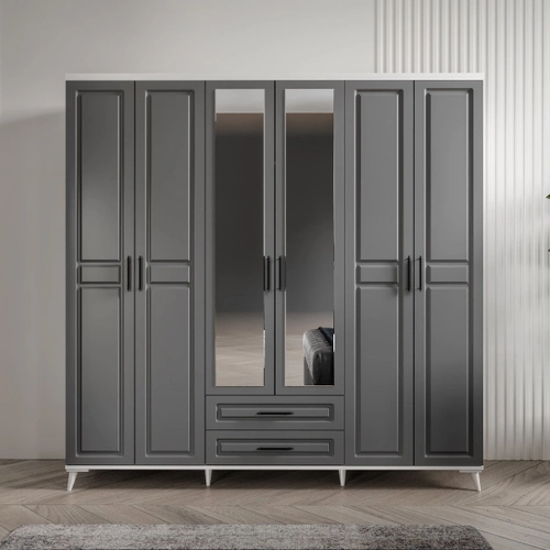 �cretsiz Montaj G�zde 6 Kapakl� Komple MDF Antrasit-Beyaz Yatak Odas� Tak�m�
