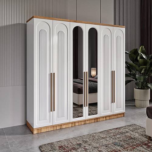 cretsiz Montaj Flora 6 Kapakl Aynal Komple MDF Gardrop