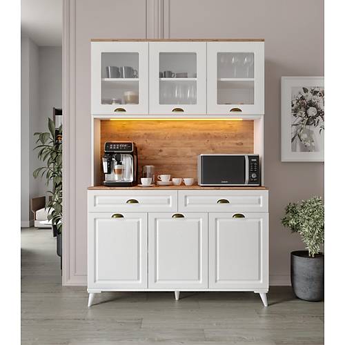 G�zde Kahve K��esi - 140 cm MDF Mutfak Dolab� Ayakl�- LED Ayd�nlatmal� - �cretsiz Montaj