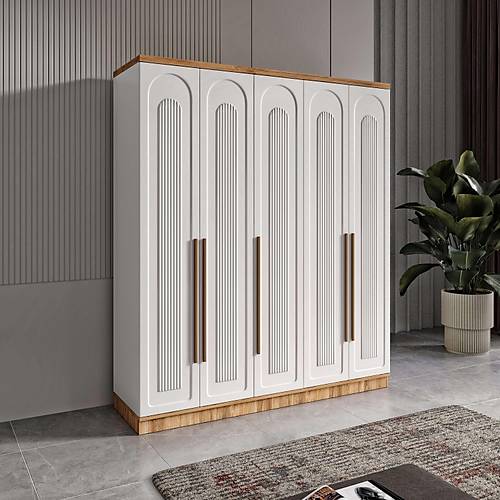 cretsiz Montaj Flora 5 Kapakl Komple MDF Gardrop